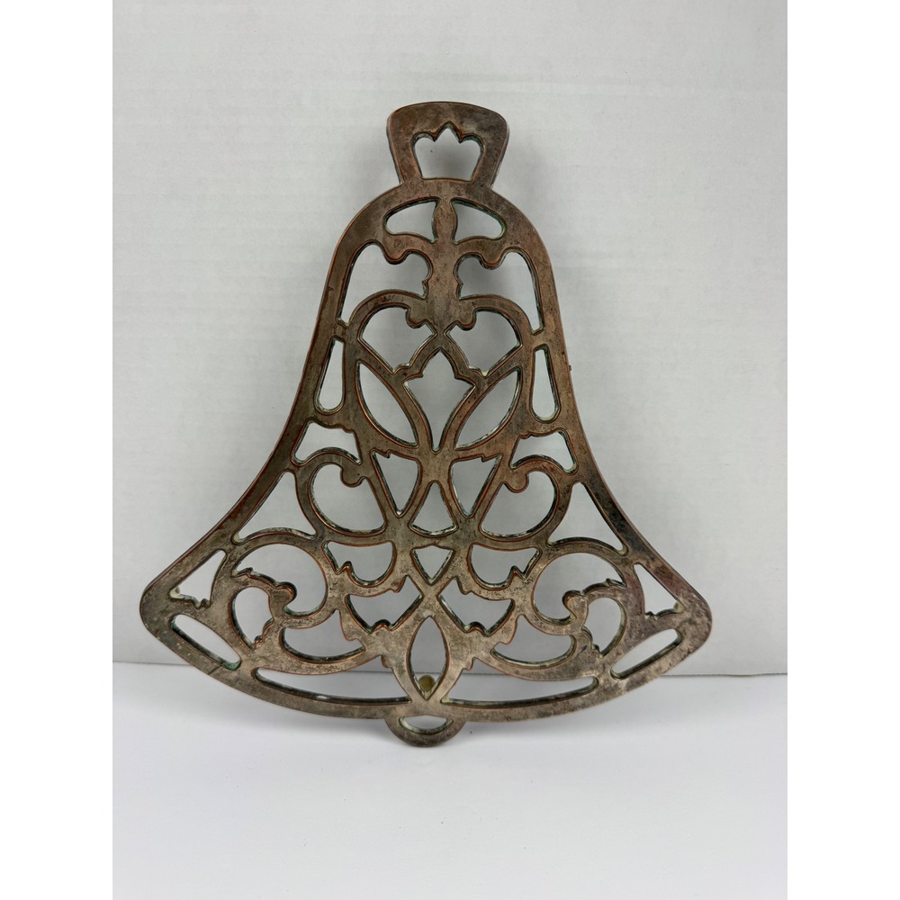 Vintage Bell Shaped Cast Metal Christmas Trivet Heart Scroll Work Wall Hanging